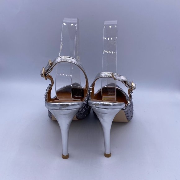 FSJ Silver Slingback pointed Kitten Heel Sandals - Picture 5 of 9